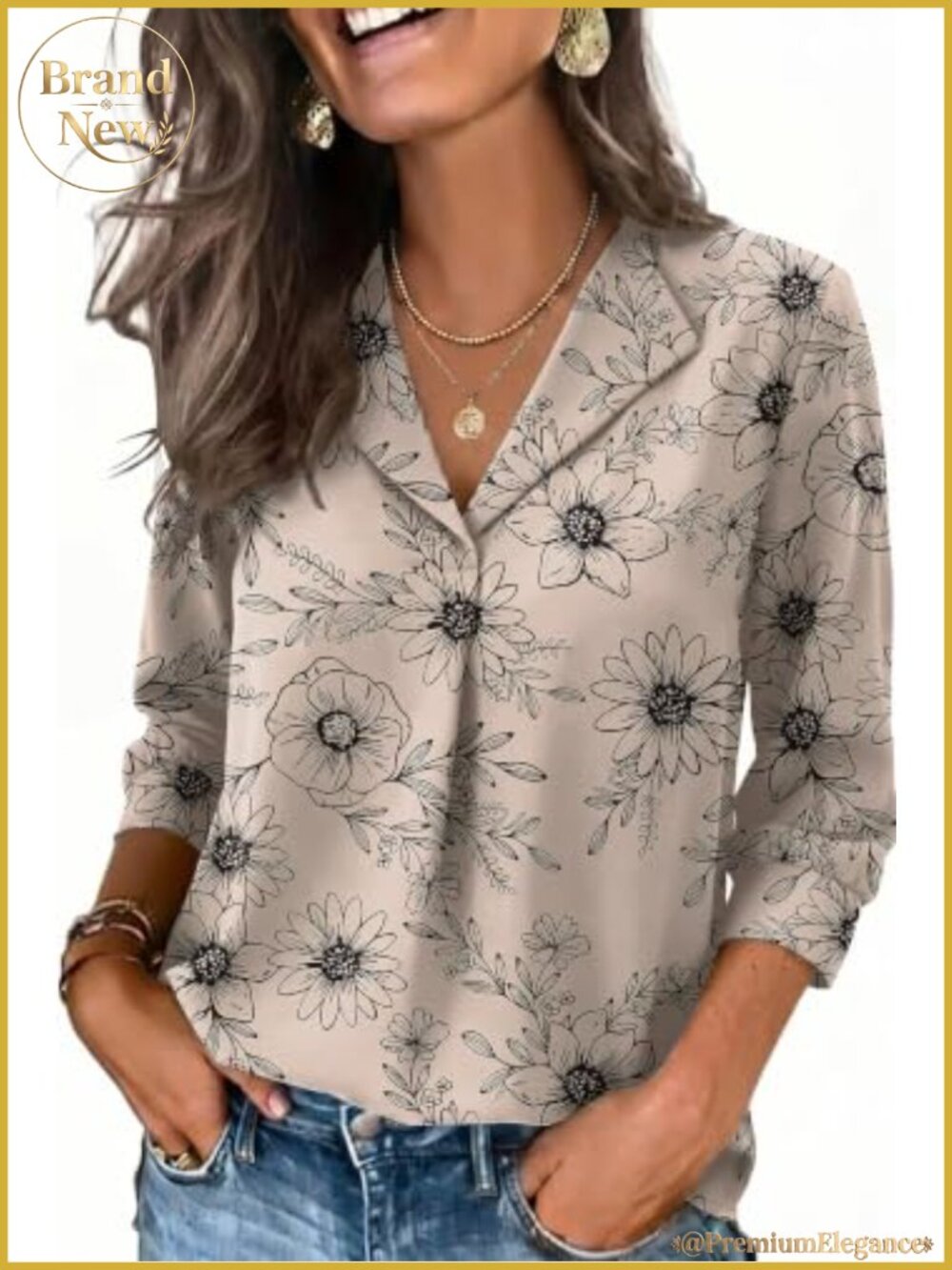 3/4 Sleeve Blouse Blazer Collar V-Neck Womens Top Work Business Casual